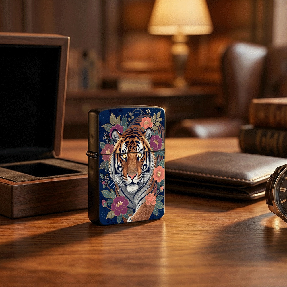 Vintage Collectible Lighters - Flip Top Aansteker Tijger Met Bloemen