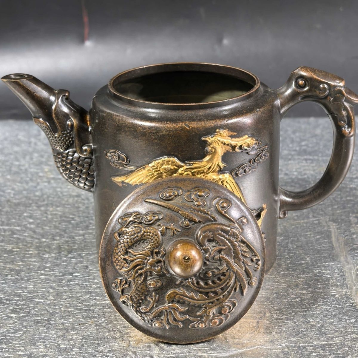 Collectible Vintage Wine - Antiek verguld messing draken- en fenix-wijnkan/theepot