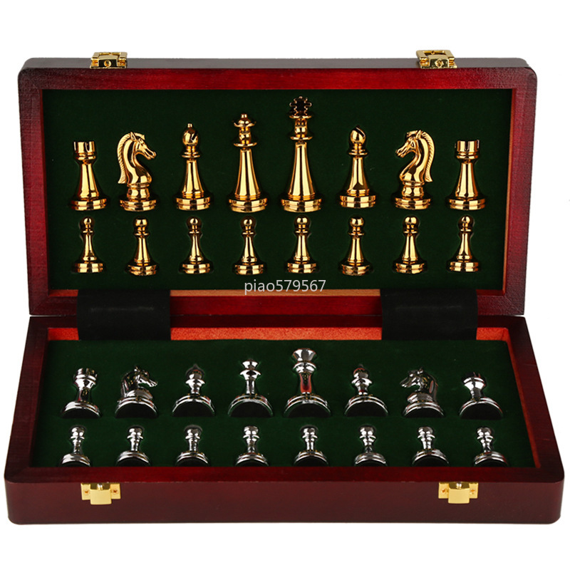 Vintage Collectible Board Games - Luxe houten schaakspel met metalen stukken,
